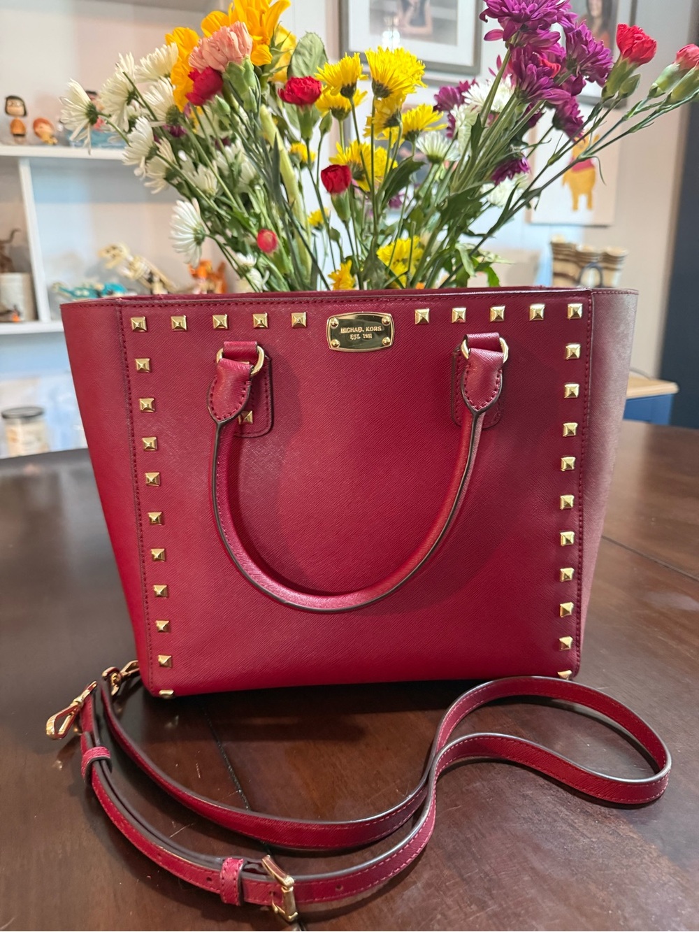 Michael Kors Whitney Red Saffiano Studded Tote Bag